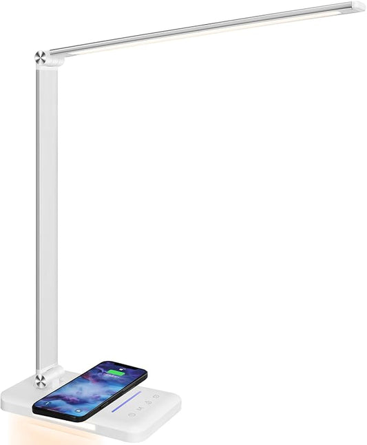 LED Desk Lamp with Night Light, Fast Wireless Charger, USB Charging Port, 10 Brightness, 5 Color Modes, Dimmable Bedside Table Lamp for Bedroom, Touch Control, Auto Timer, 1200Lux Super Bright by JOSTIC