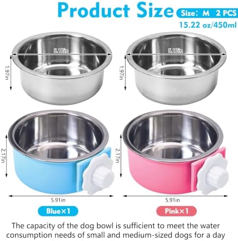 kathson Crate Dog Bowl, Removable Stainless Steel Hanging Pet Cage Bowl Food & Water Feeder Coop Cup for Cat, Puppy, Birds, Rats, Guinea Pigs (2 PCS, Size: M, Blue and Pink) - Image 2