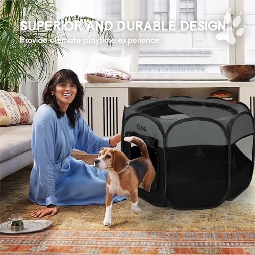 Goozii Portable Dog Playpen for Large Dogs, Collapsible Puppy Pet Cat Playpen with Zipper Top Cover (Large Size, Grey-Black) - Image 3