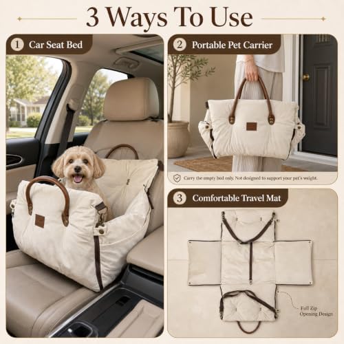 Pet Car Seat with Safety Tether, Carry Handles and Non-Slip Base,Offwhite - Image 5