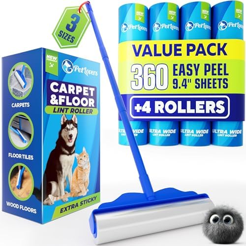 PetLovers Large Lint Roller with 3 Refills – 360 Total Sheets for Tackling Pet Hair, Extra Large Floor and Carpet Roller for Homes with Pets, Perfect for Floors, Furniture, and Loving Pet Owners by PetLovers