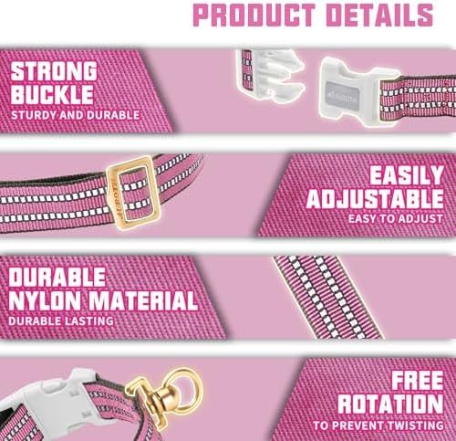 Auroth Dog Collar for Medium Large Dogs, Reflective Dog Collar, Soft Nylon Adjustable Dog Collars with Heavy Duty Metal D Ring Tangle Free (Medium:12"-19.6", Pink) - Image 2