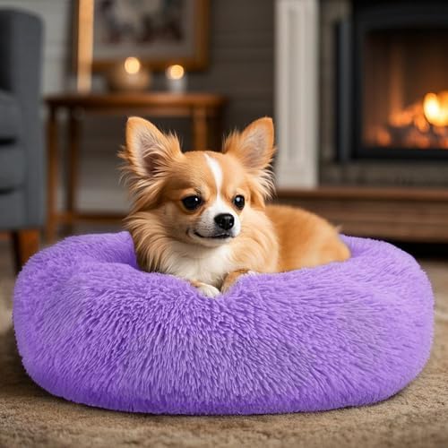 Dogs Bed for Small Dogs, Anti-Anxiety Washable Round Bed (24in Purple) - Image 5