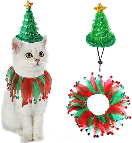 Cat Christmas Costume Suit, Hmxpls Small Dogs & Cats Tutu Collar and Green Shiny Hat Cute Costume Suit Kitten Outfit Clothing for Birthday Party Thanksgiving Christmas Holiday by Hmxpls