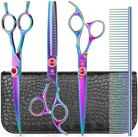 GLADOG 7 Inch Professional Dog Grooming Scissors Kit, 5-in-1 Titanium Coated Pet Grooming Shears Set, Heavy Duty Grooming Scissors for Dogs (Pro Rainbow) by GLADOG