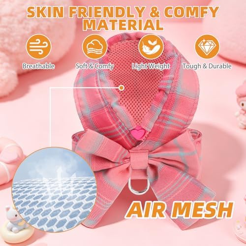 KOOLTAIL Small Dog Harness and Leash Set, Cute Puppy Vest Harnesses with Bowtie, Step in No Pull Soft Mesh Padded Adjustable Plaid Pet Harness for Extra-Samll Medium Dogs Cats, Boy Girl, Pink XS-M - Image 6