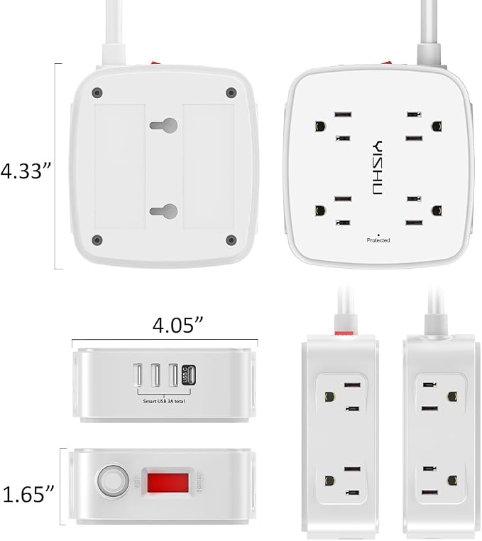20 Ft Surge Protector Power Strip - 8 Widely Outlets with 4 USB Ports, 3 Side Outlet Extender with 20 Feet Extension Cord, Flat Plug, Wall Mount, Desk USB Charging Station, ETL, White - Image 7