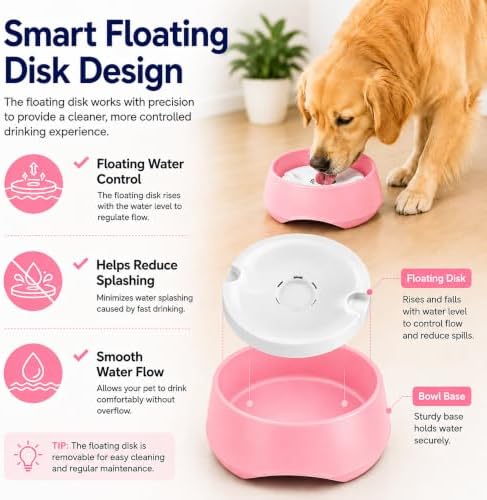 Pink No Spill Dog Water Bowl, Pet Floating Water Bowl No Wet Mouth, Anti Splash & Anti Tip Slow Water Feeder, Keeps Fur Dry Clean Drinking Bowl for Dogs & Cats, Large Capacity Travel Friendly - Image 4