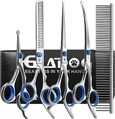 Dog Grooming Scissors Kit with Safety Round Tips, GLADOG Professional 6 in 1 Grooming Scissors for Dogs, Sharp and Heavy-duty Dog Grooming Shears for Dogs Cats Pets by GLADOG