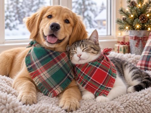 Christmas Dog Bandanas 2PCS,Plaid Scarf w/Tassels for Small Dogs Cats - Image 5