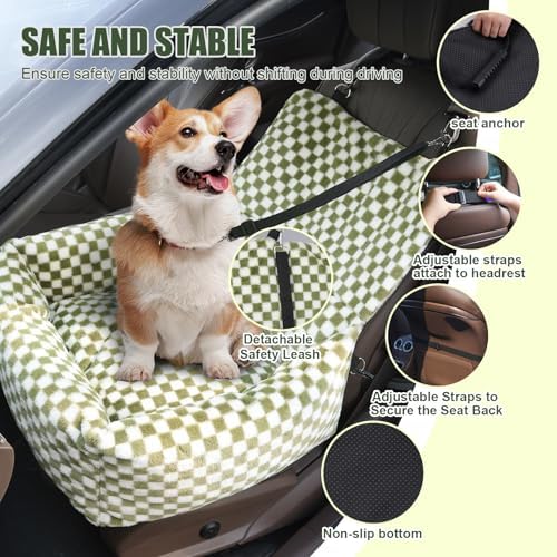 Dog Car Seat for Small Dogs,Medium Dog Car Bed with Detachable Washable Cover,Pet Puppy Booster Cars Seats with Safety Belt Up to 30 lbs(Grid Green) - Image 4