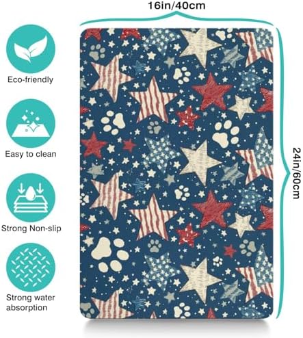 American 4th of July Star Dog Food & Water Mat,Patriotic Independence Memorial Day Paw Prints Pet Feeding Mat for Floor Non-Slip Waterproof, Super Absorbent Cat Bowl Mat, Pet Placemat,16" × 24" - Image 3