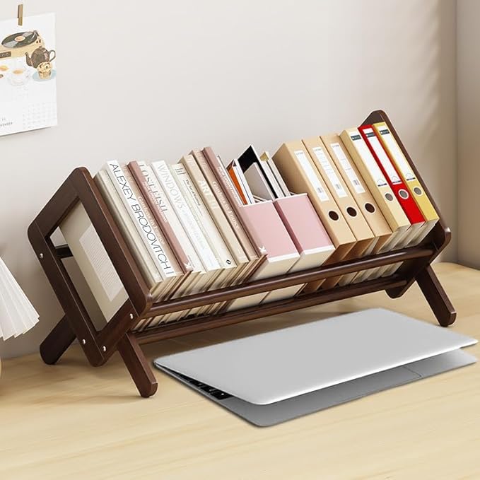 Wood Tilting Bookcase in Living Room/Home/Office, Desktop Book Shelf Organizer Bookshelves Storage Rack for CDs/Magazine/Books Display (Coffee, 19.68"-L) by Fox+Claw