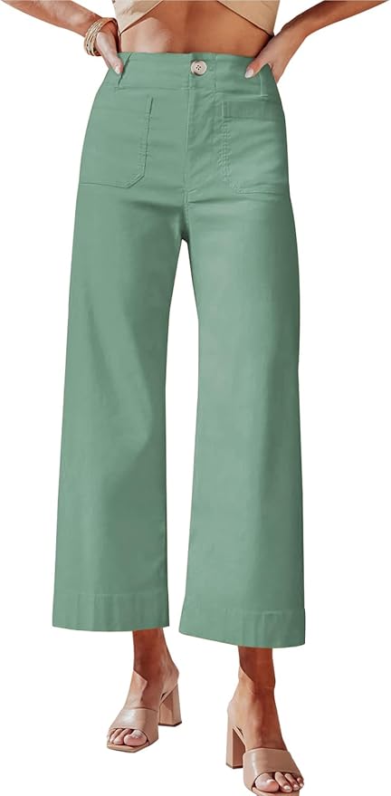 miduo Womens High Waisted Cropped Wide Leg Stretchy Straight Pants Trousers with Pockets by miduo