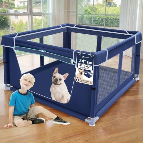 XVISHX 42x42 Inches Puppy Playpen with Gate, Dog Playpen for Puppies or Small Dogs, DogFence Pet Playpen for Indoor & Outdoor, Sturdy Safety DogPen with Thickened Fabric, High-Strength Nylon Wire Mesh by XVISHX