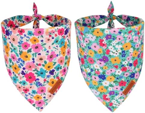 PTDECOR Floral Dog Bandana, Pink Green Flower Pet Scarf, X-Large by PTDECOR
