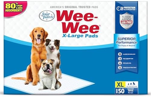 Four Paws Wee-Wee Superior Performance XL Pee Pads for Extra Large Dogs, Leak-Proof Floor Protection Dog & Puppy Quilted Potty Training Pads, Unscented, 28" x 34" (150 Count) by FourPaws