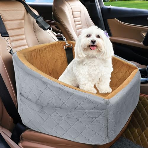 NEEZUKAR Dog Car Seat for Small Medium Dogs,Detachable Washable Dog Booster Seat Under 30lbs, Pet Car Seat Travel Bed with Storage Pockets and Dog Safety Belt(Grey/Brown) by NEEZUKAR