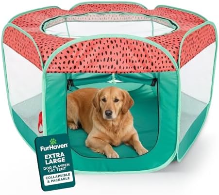 FurHaven Soft-Sided Dog & Cat Playpen, Portable Foldable Indoor & Outdoor Pet Playpen with Mesh Windows & Zippered Door, Green & Pink, Extra Large by FurHaven