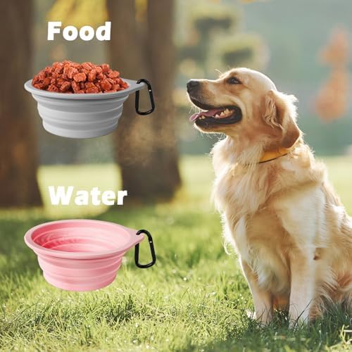 PetBonus 2-Pack Large Silicone Collapsible Dog Bowls, 34oz/1000ml BPA Free Portable Foldable Travel Bowl for Pet Cat, Food Water Feeding Dish for Camping with 2 Carabiners (Grey, Chalk Pink) - Image 4