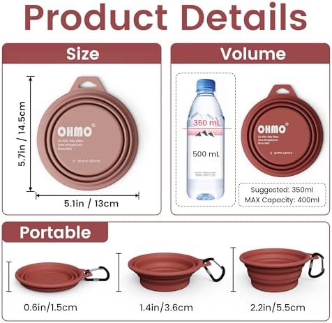 OHMO Small Collapsible Dog Bowls, Steel Rim, 12oz, 2pcs, Coral&Brick Red - Image 2