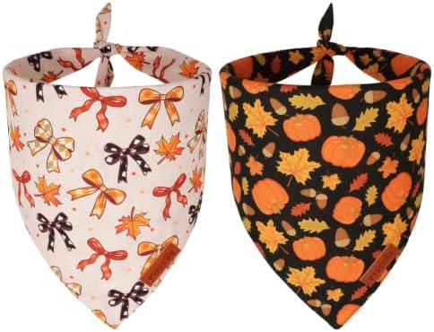 PTDECOR Fall Dog Bandanas, Fall Bow Pumpkin Maple Leaf Pet Scarf, Small by PTDECOR