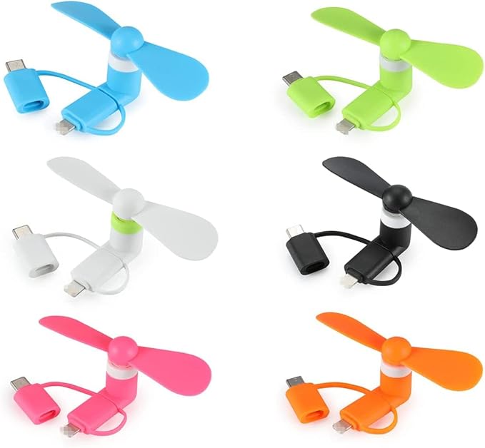 A plus Mini Cell Phone Fan 3-in-1 Mobile Phone Fans Compatible with iPhone/iPad/Android Smartphone/Tablet Fit for Micro USB/Type C/Lightning Port Fan Colorful and Powerful Fans(6-Pack) by Unknown