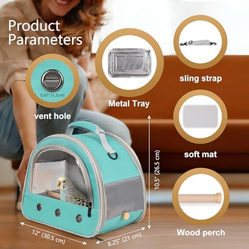 Bird Carrier, Portable Small Bird Parrot Parakeet Carrier with Standing Perch and Stainless Steel Tray, Side Access Window Collapsible (Green, Horizontal Perch) - Image 2