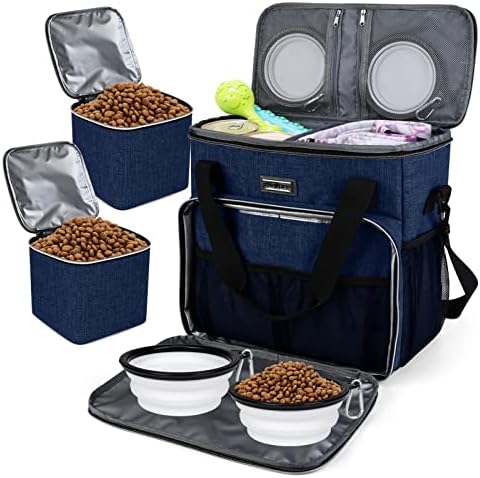 BAGLHER Dog Travel Bag, Pet Travel Bag (ALL Pet Travel Supplies), With 2 Pet Food Containers and 2 Collapsible Silicone Bowls; Essential Kits for Pet Travel Dark Blue by BAGLHER
