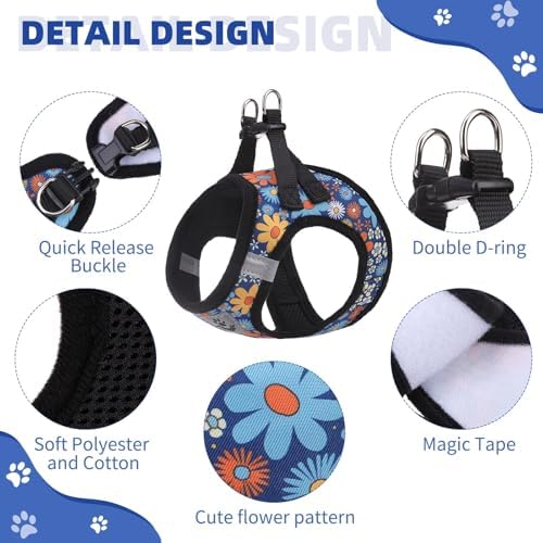 KOOLTAIL Dog Harness and Leash Set for Small Medium Dogs, Step in No Pull Comfort Padded Pet Vest, Adjustable Reflective Easy Walking Puppy Cats Harness Training, Flower Navy M - Image 2