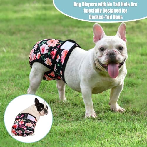 wegreeco Frenchie Dog Diapers Female No Tail Hole, Washable Pet French Puppy Bulldog Diapers Female for Period Heat, Reusable Doggy Doggie Dog Diapers (Pink Flowers, X-Large - Image 2