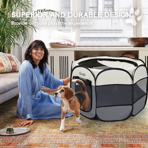 Goozii Pet Cat Playpen for Indoor Cats Enclosed, Puppy Dog Play Pen for Outdoor Travel Camping (Large Size, Beige & Dark Grey) - Image 2