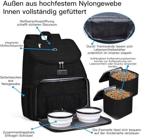 BAGLHER丨Dog Travel Bag, Airline Approved Pet Supplies Backpack, Dog Travel Backpack Accessories Set with 2 Silicone Collapsible Bowls and 2 Food Baskets. Black - Image 4