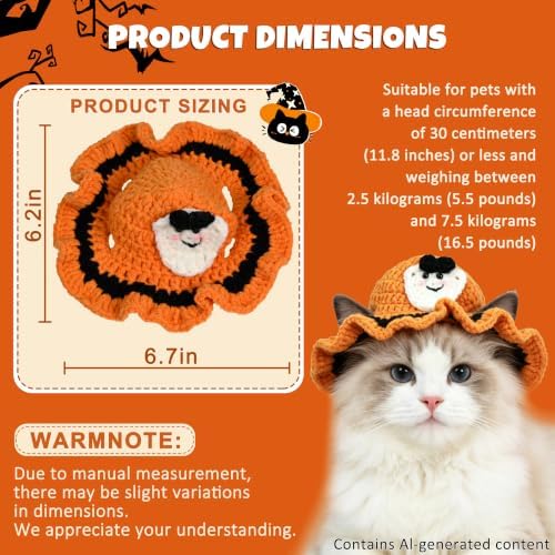 Ghost Cat Hat, Cotton & Soft Cute Knitted Hats for Cats Birthday Party Halloween Christmas Spring Puppy Hat for Small Pets (Orange,M) - Image 3