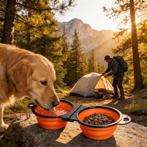 Double Collapsible Dog Bowls for Travel, Food & Water with Clip, Orange - Image 7