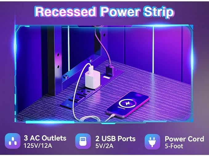 AODK L Shaped Desk Gaming Desk with LED Light & Power Outlet | 53 Inch Black Reversible L Shaped Computer Table with Shelf & Storage Bag & Hook for Home Office - Image 5