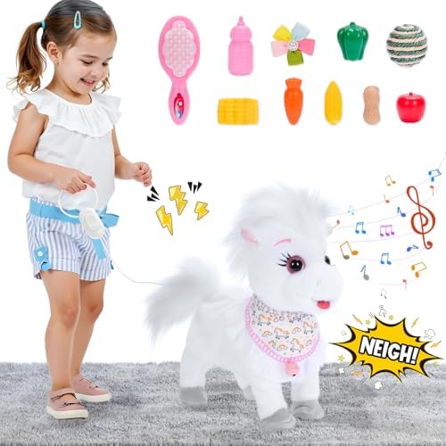 Ylpaprm White Walking Pony with Leash Toy Horses Electric Ponie that Walks,Plush Horse Toy for Kid Talking Musical Singing Pony Nod Lick Wag Repeat What You Say, Farm Animal Birthday Gift Boy by Unknown