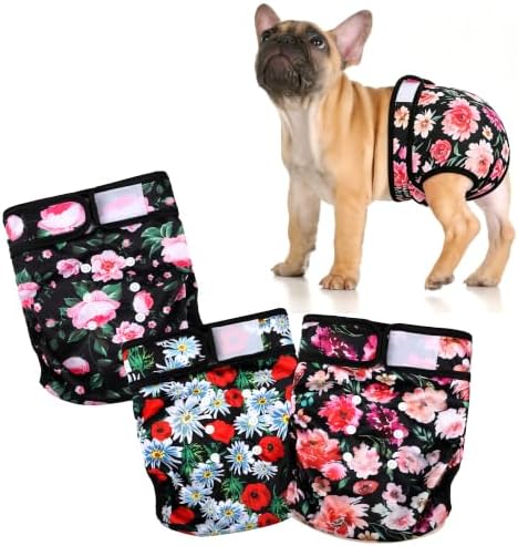 wegreeco Frenchie Dog Diapers Female No Tail Hole, Washable Pet French Puppy Bulldog Diapers Female for Period Heat, Reusable Doggy Doggie Dog Diapers (Pink Flowers, X-Large by wegreeco