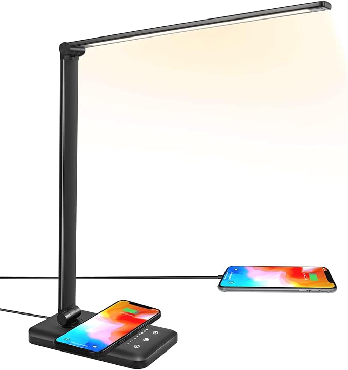 LED Desk Lamp with Wireless Charger, USB Charging Port, 10 Brightness, 5 Color Modes, Desk Lamps for Home Office, Dimmable Table Lamp Eye Caring Reading Light, Touch Control, Auto Timer, Black by JOSTIC