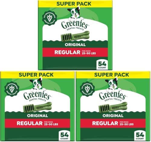 Greenies Veterinarian-Recommended Adult Natural Dental Dog Treats Regular Size, Dog Dental Chews, Original Flavor, 54 oz. Pack, 54 Count (Pack of 3) by GREENIES