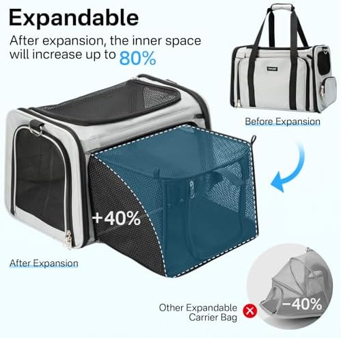Expandable Cat Carrier, Airline Approved Soft Sided Pet Carrier for Cats & Small Dogs Up to 15 lbs, with Locking Safety Zippers & Cozy Fleece Pad, Portable for Car & Vet Visits, Black - Image 2