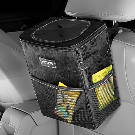 HOTOR Car Trash Can with Lid and Storage Pockets - 100% Leak-Proof Organizer, Waterproof Garbage Can, Multipurpose Trash Bin for Car, 2 Gallons, Leopard-Print Black by HOTOR