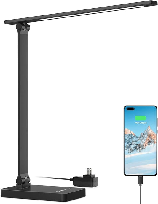 Lepro Desk Lamp with USB Charging Port for Home Office, 650LM 9.5W, Black | Dimmable Task Light, 5 Colors 5 Brightness, Eye Caring Table Lamp for Dorm Room, Sewing, Crafting, Reading, Nail, Drafts by Lepro