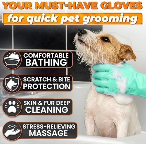 Cat and Dog Washing Gloves, 1 Pair, 11.6 in, Silicone (Turquoise) - Image 4