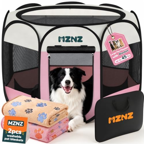 Dog Cat Small Animal Puppy Playpen Crate with 2 Blankets, Large, Pink by MZNZ