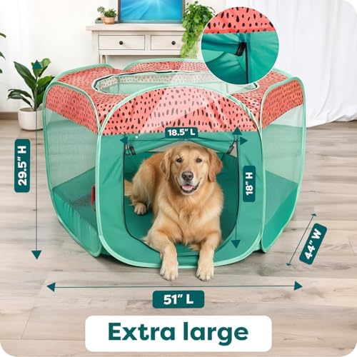 FurHaven Soft-Sided Dog & Cat Playpen, Portable Foldable Indoor & Outdoor Pet Playpen with Mesh Windows & Zippered Door, Green & Pink, Extra Large - Image 3