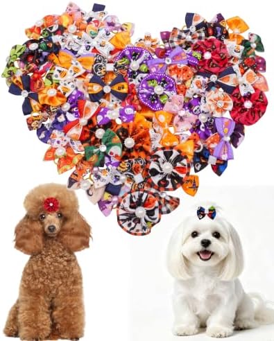 PET SHOW 100 Pack Halloween Small Dog Hair Bows Bulk with Rubber Bands by PETSHOW