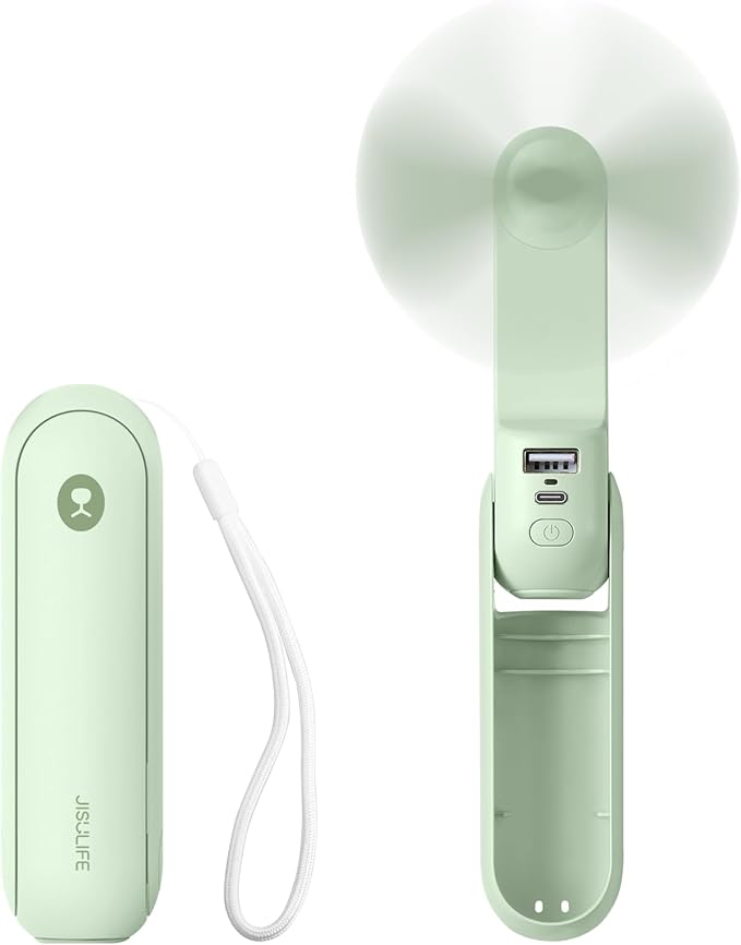 JISULIFE Portable Handheld Fan, 3 In 1-Fan, Power Bank, Flashlight, Green | Mini Cooling Essential for Outdoor, Small, On-the-Go Pocket Hand Design, 19 Hours, Auto Shut-Off Safety Soft Blade by LivechillStaycool