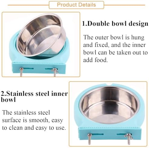kathson Crate Dog Bowl, Removable Stainless Steel Hanging Pet Cage Bowl Food & Water Feeder Coop Cup for Cat, Puppy, Birds, Rats, Guinea Pigs (2pcs, Pink and Blue) - Image 2