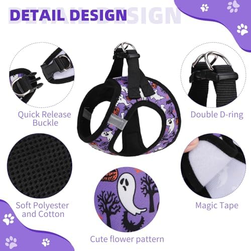 KOOLTAIL Halloween Dog Harness and Leash Set for Small Medium Dogs, Step in No Pull Soft Mesh Harness Comfort Padded Pet Vest, Adjustable Reflective Easy Walking Puppy Cats Harness Training, Ghost M - Image 2